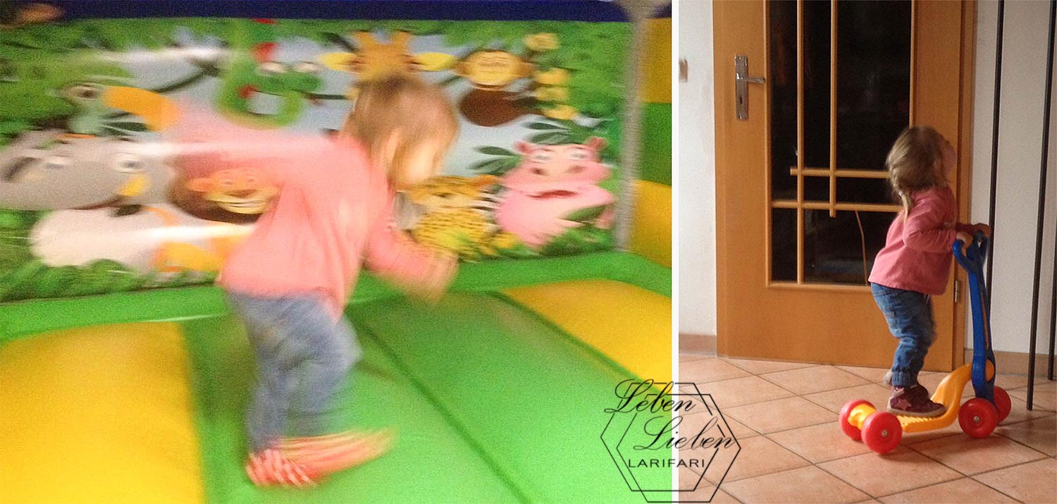 Lotte hat Spaß – auf der Hüpfburg und mit dem Roller Lotte hat Spaß - auf der Hüpfburg und mit dem Roller