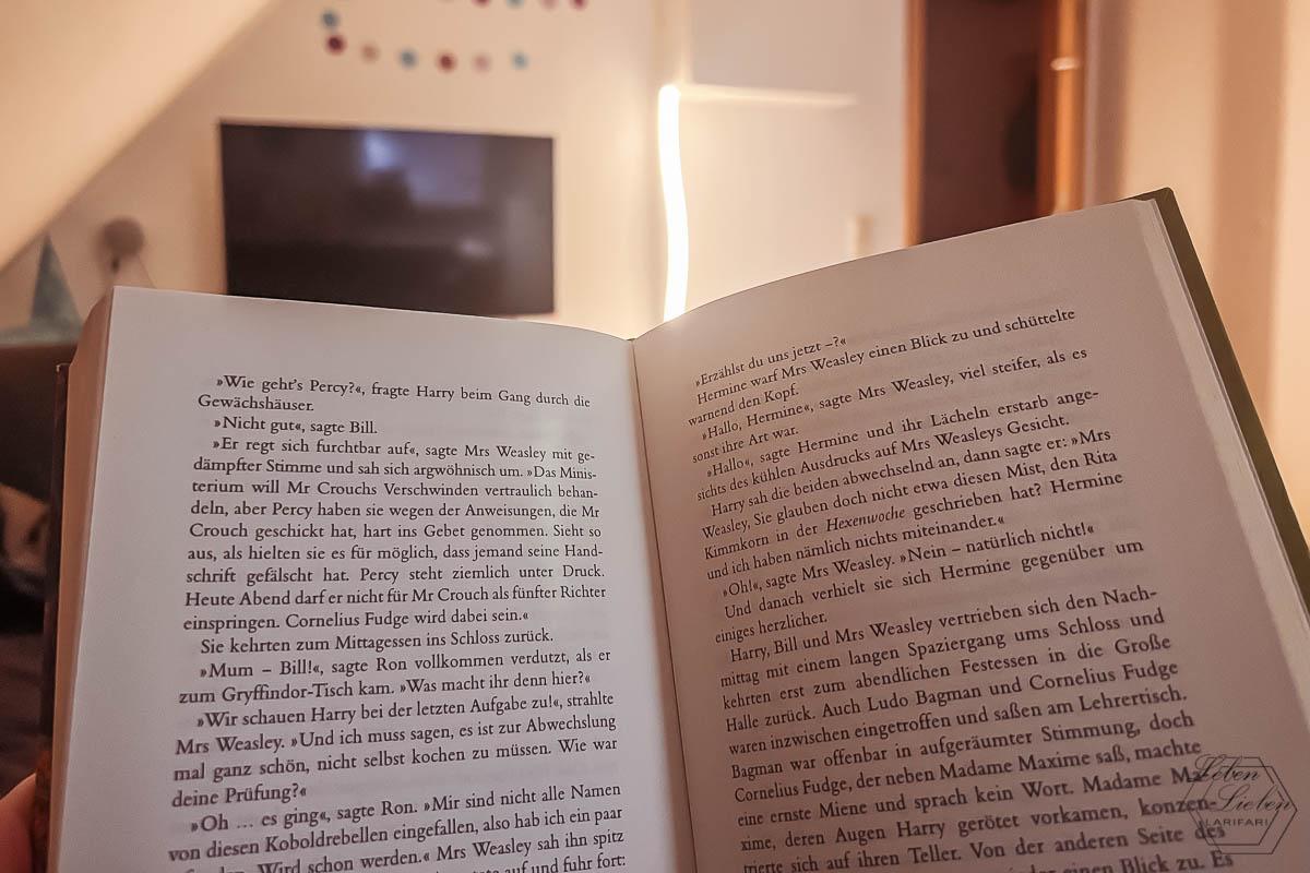 Ein Buch, im Hintergrund eine Lampe und ein TV im Wohnzimmer